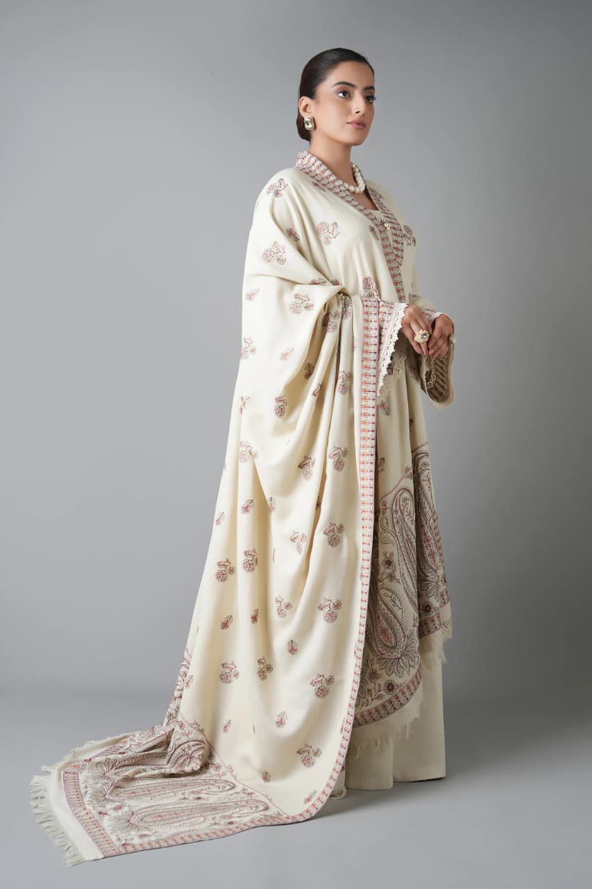 Embroidered Dhanak 3-Piece Suit with Embroidered Shawl - D-079