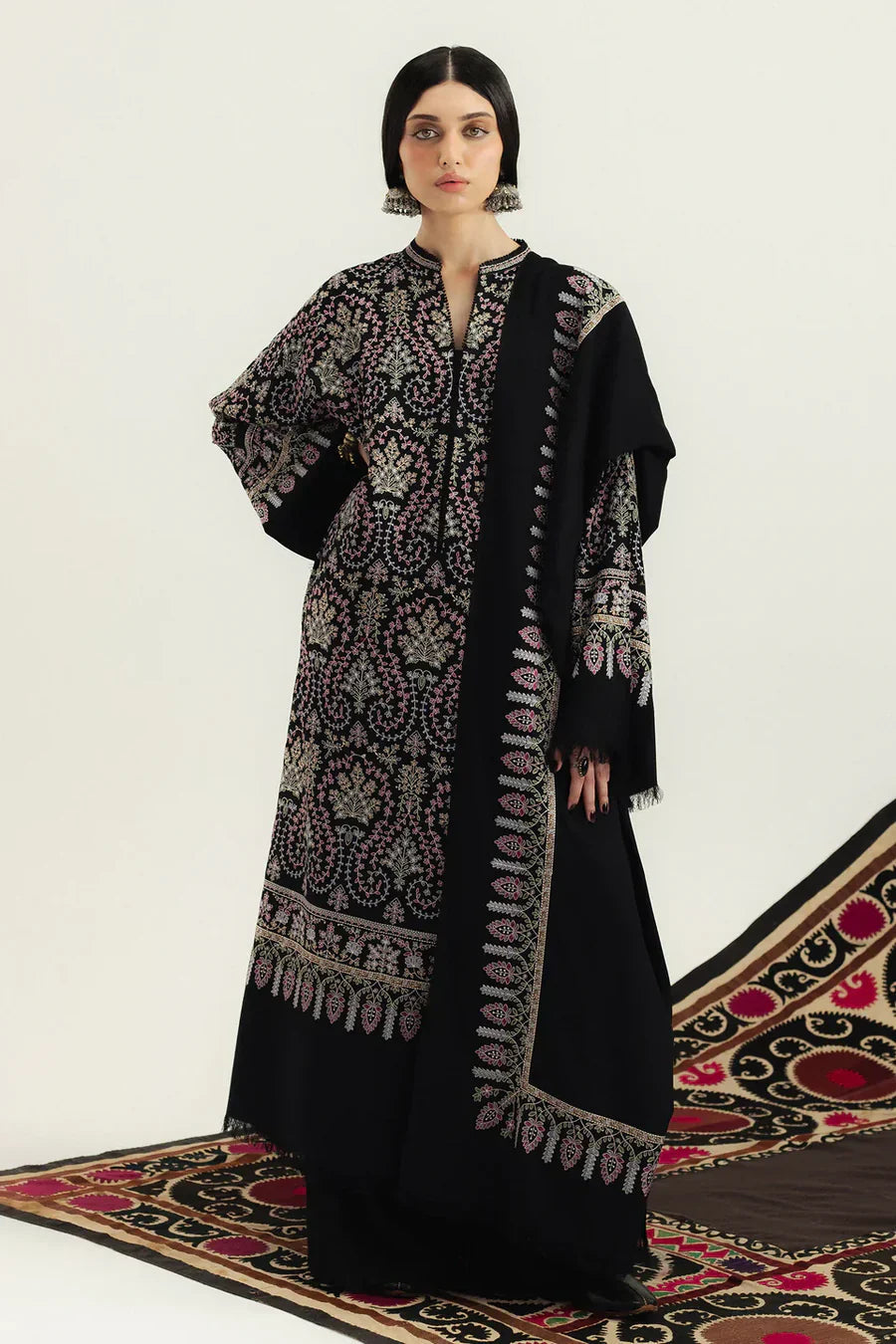 Embroidered Dhanak 3-Piece Suit with Embroidered Shawl - D-073