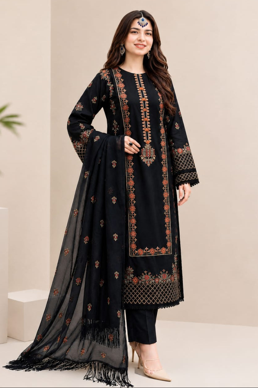 Embroidered Dhanak 3-Piece Suit with Embroidered Shawl - D-072