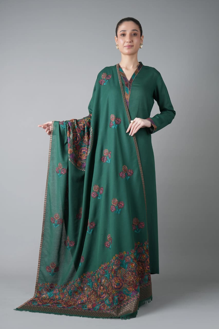 Embroidered Dhanak 3-Piece Suit with Embroidered Shawl - D-078