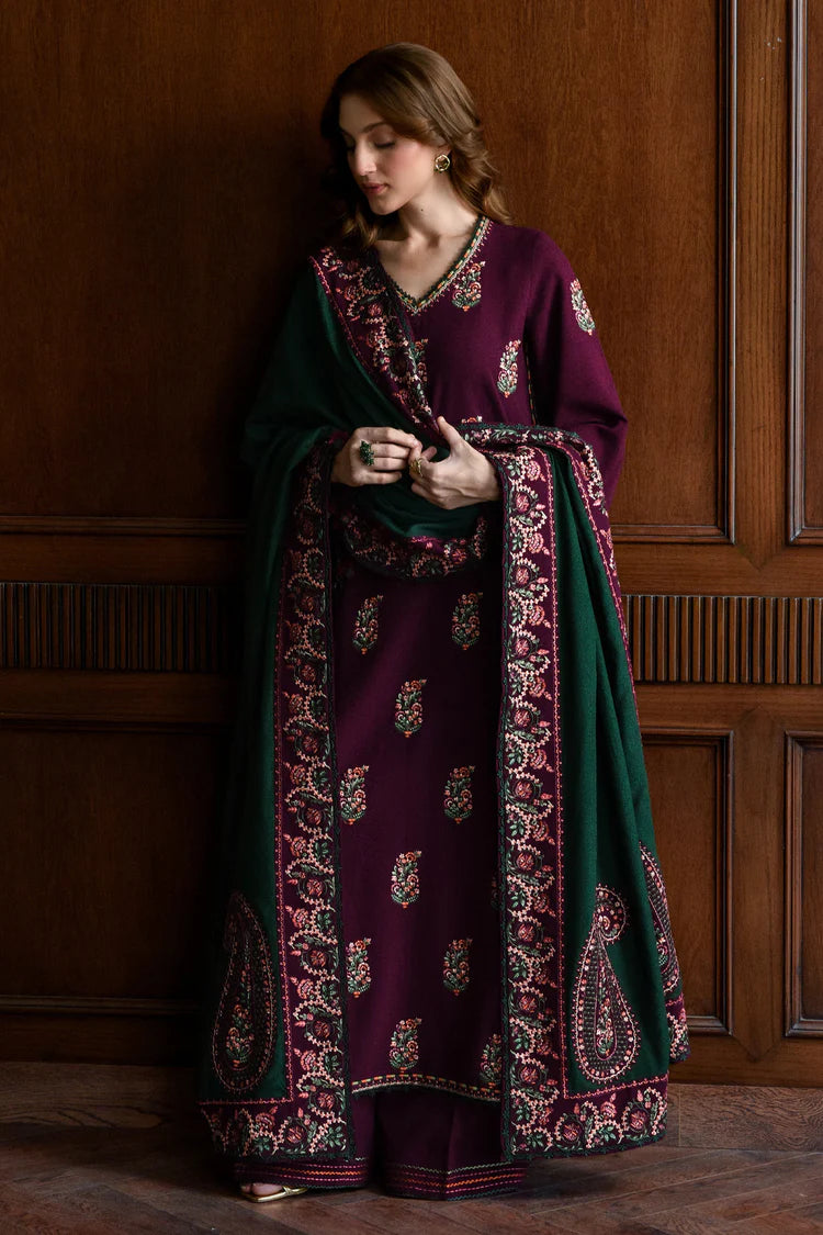 Embroidered Dhanak 3-Piece Suit with Embroidered Shawl - D-069