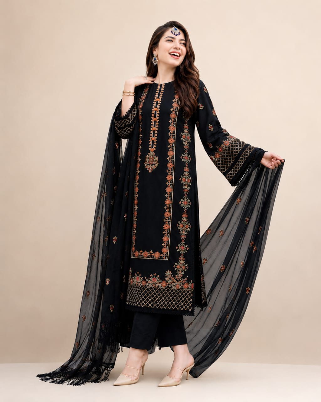 Embroidered Dhanak 3-Piece Suit with Embroidered Shawl - D-072