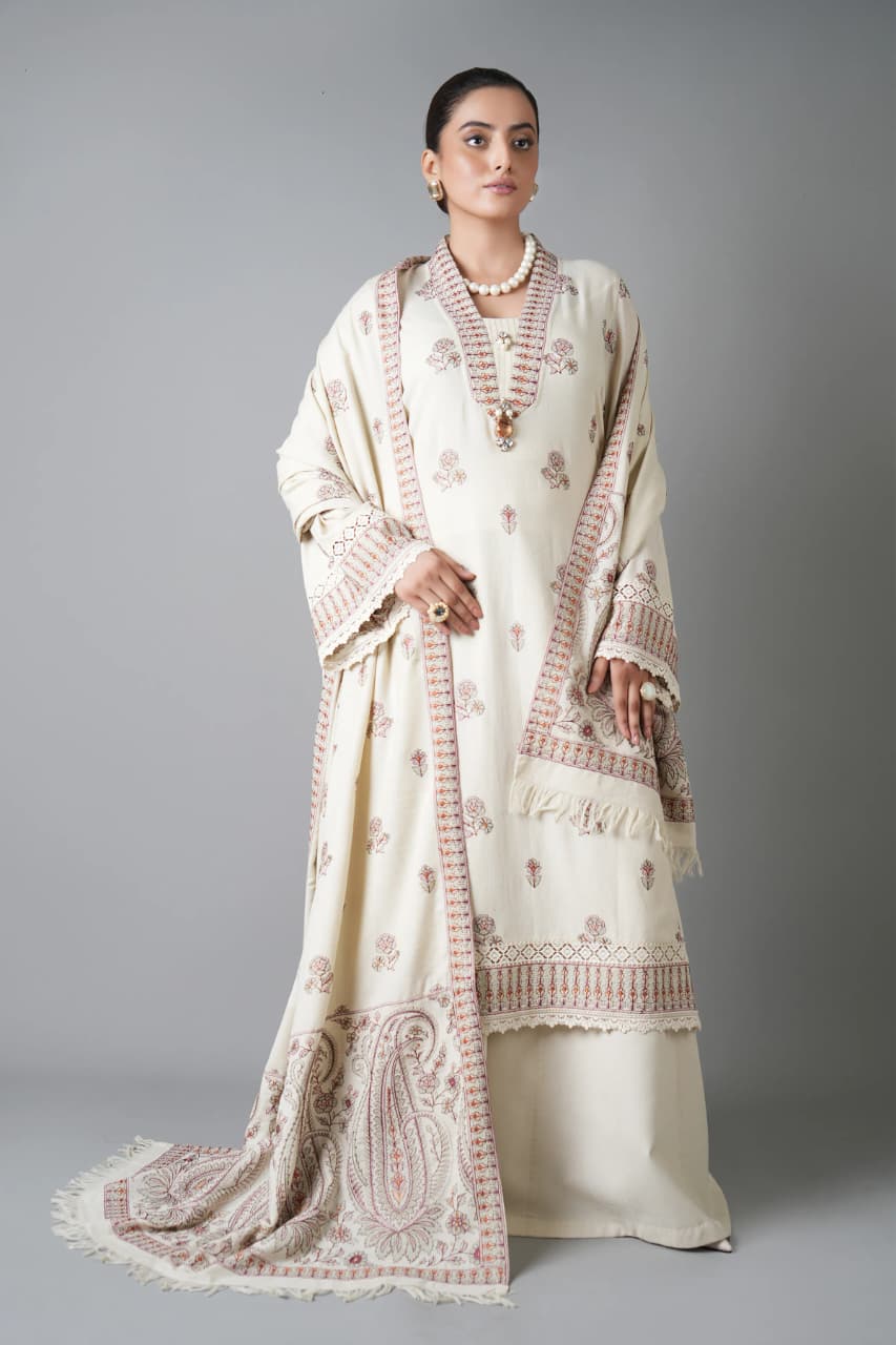 Embroidered Dhanak 3-Piece Suit with Embroidered Shawl - D-079