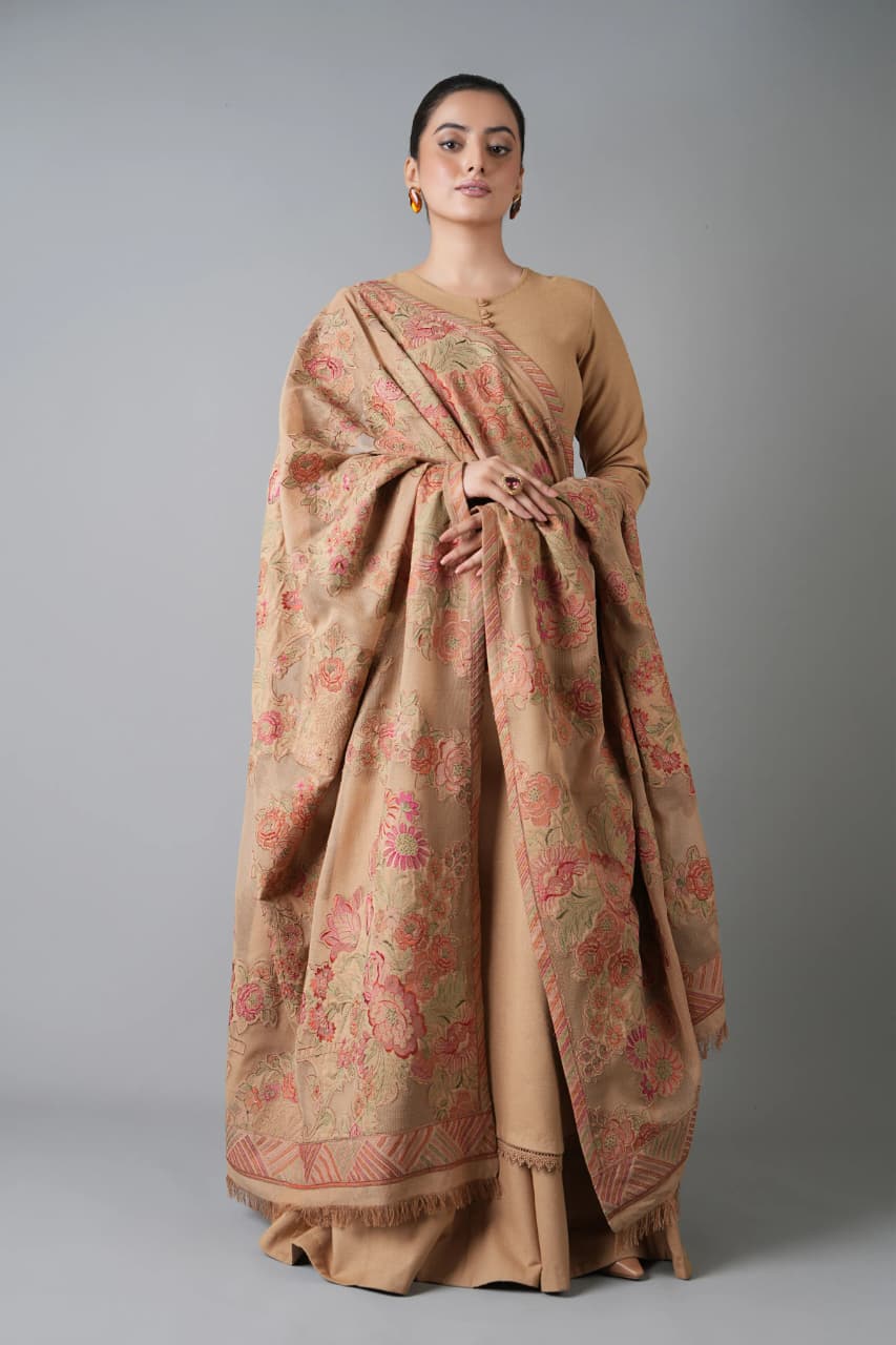 Embroidered Dhanak 3-Piece Suit with Embroidered Shawl - D-080