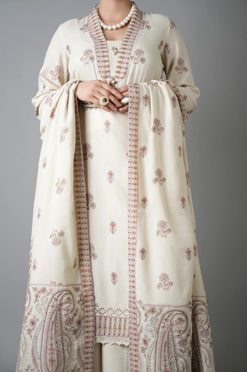 Embroidered Dhanak 3-Piece Suit with Embroidered Shawl - D-079