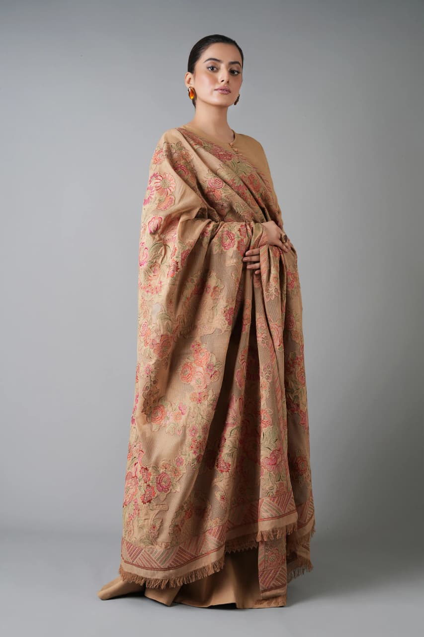 Embroidered Dhanak 3-Piece Suit with Embroidered Shawl - D-080